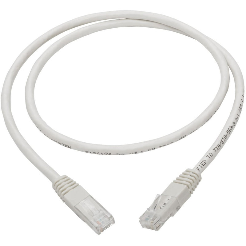 Full length view of white 3-foot Cat6 ethernet cable with connectors