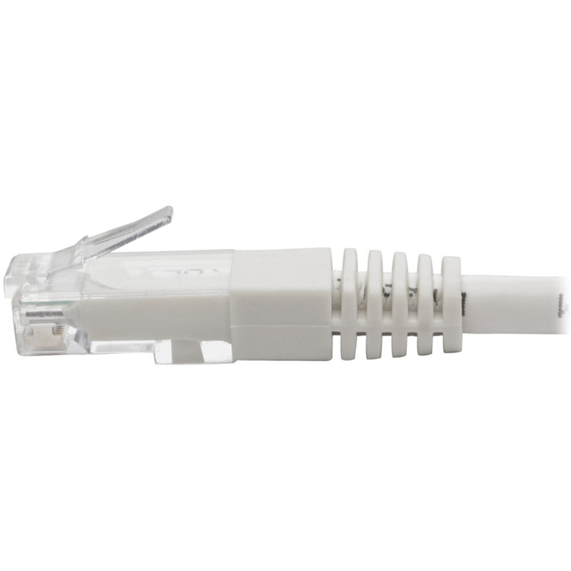 Profile view of white Cat6 ethernet cable connector highlighting universal design