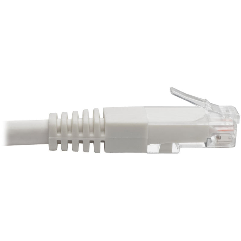 Side view of white Cat6 cable connector showing strain relief design