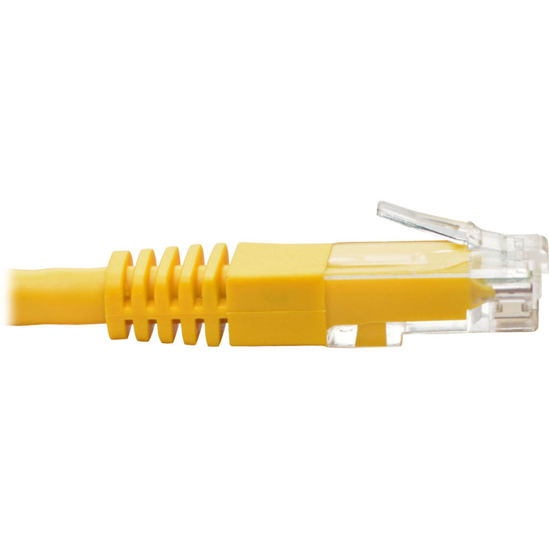 Side profile of yellow Cat6 cable connector showing strain relief boot design