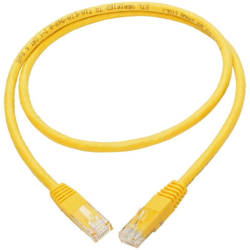 Full length view of 3-foot yellow Cat6 ethernet cable with RJ45 connectors