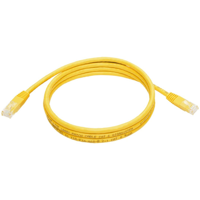 Full length view of 5-foot yellow Cat6 patch cable showing cable markings and RJ45 connectors