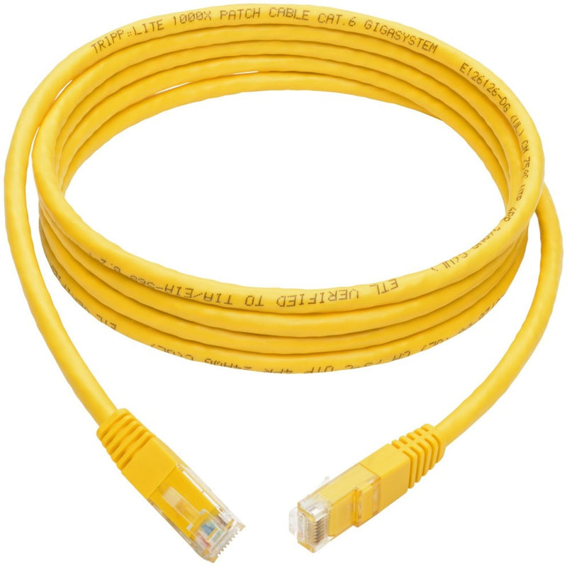 Full length view of yellow Cat6 network cable showing both connectors and cable markings