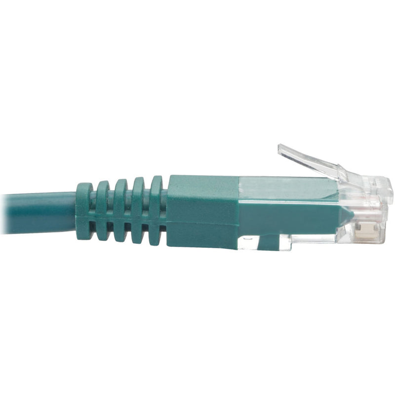 Side view of green Cat6 cable connector showing molded strain relief design