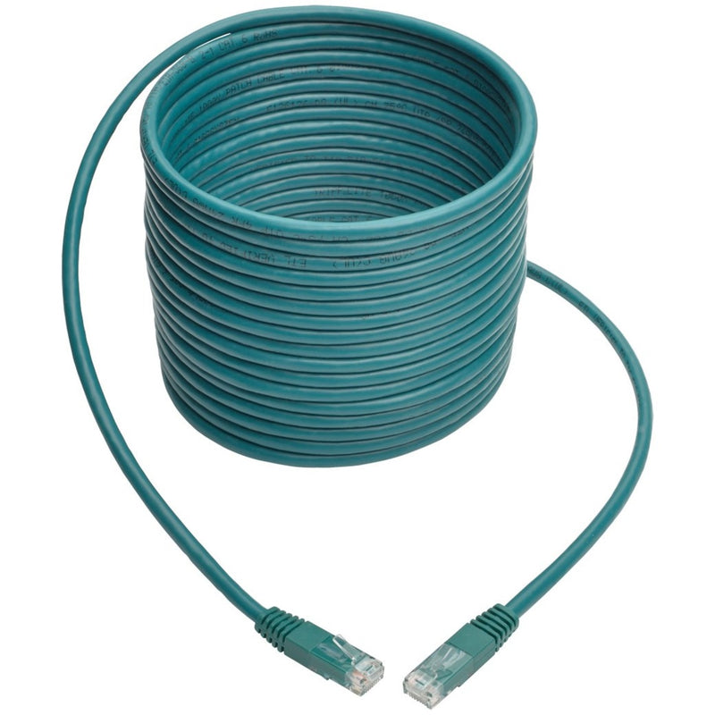 Coiled green Cat6 network cable showing full 25-foot length with RJ45 connectors