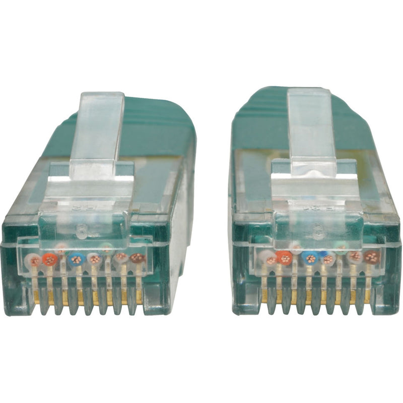 Detailed view of RJ45 connector pins showing internal wiring and contact arrangement