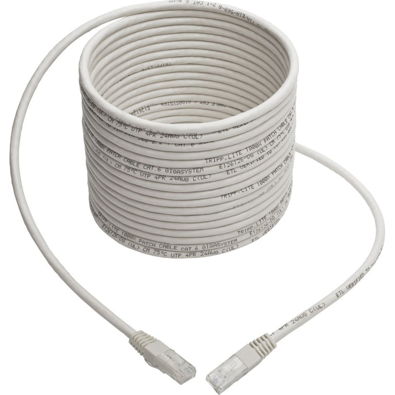 Coiled white Cat6 network cable showing printed specifications and quality construction