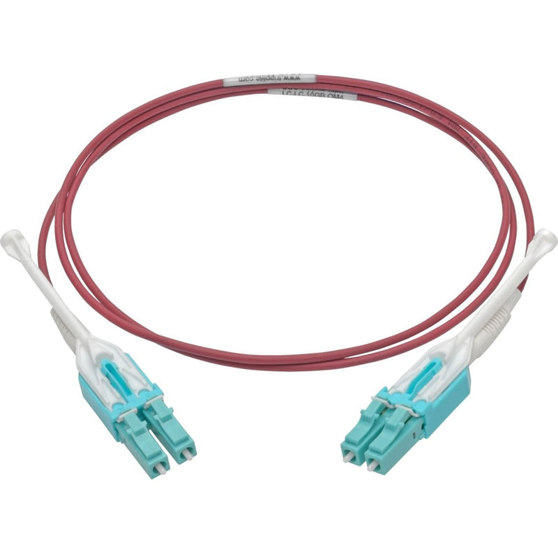 Full length view of magenta OM4 fiber optic patch cable with LC connectors