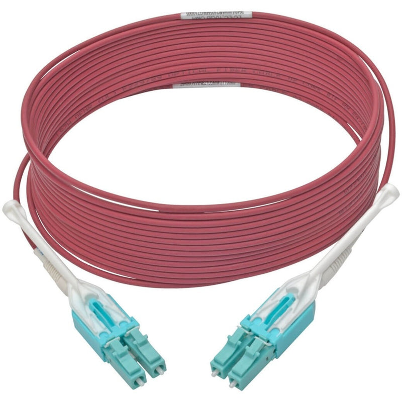 Detailed view of magenta OM4 fiber optic cable showing jacket construction