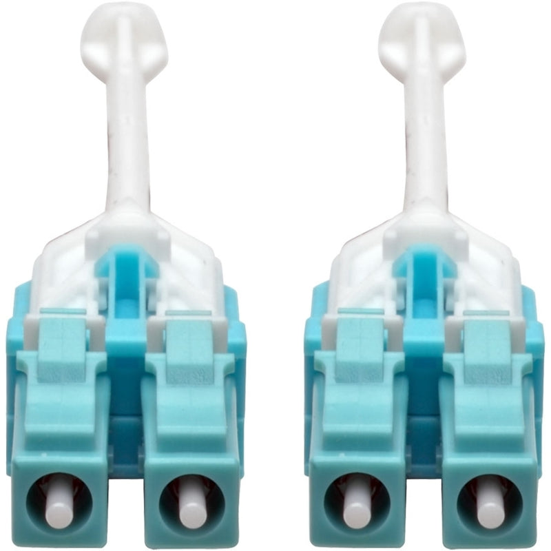 Detailed front view of dual LC connector interface with turquoise housing