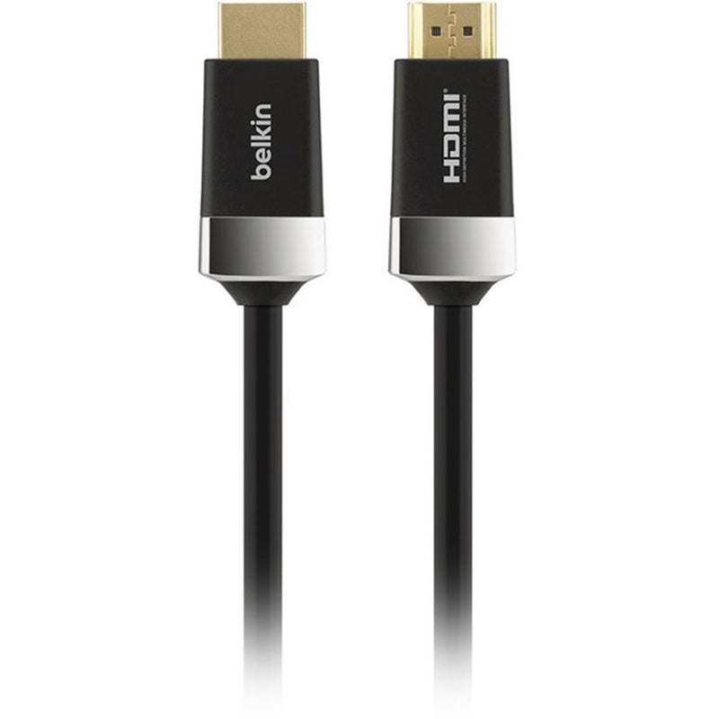 Belkin High Speed HDMI cable with black and chrome design showing both gold-plated connector ends