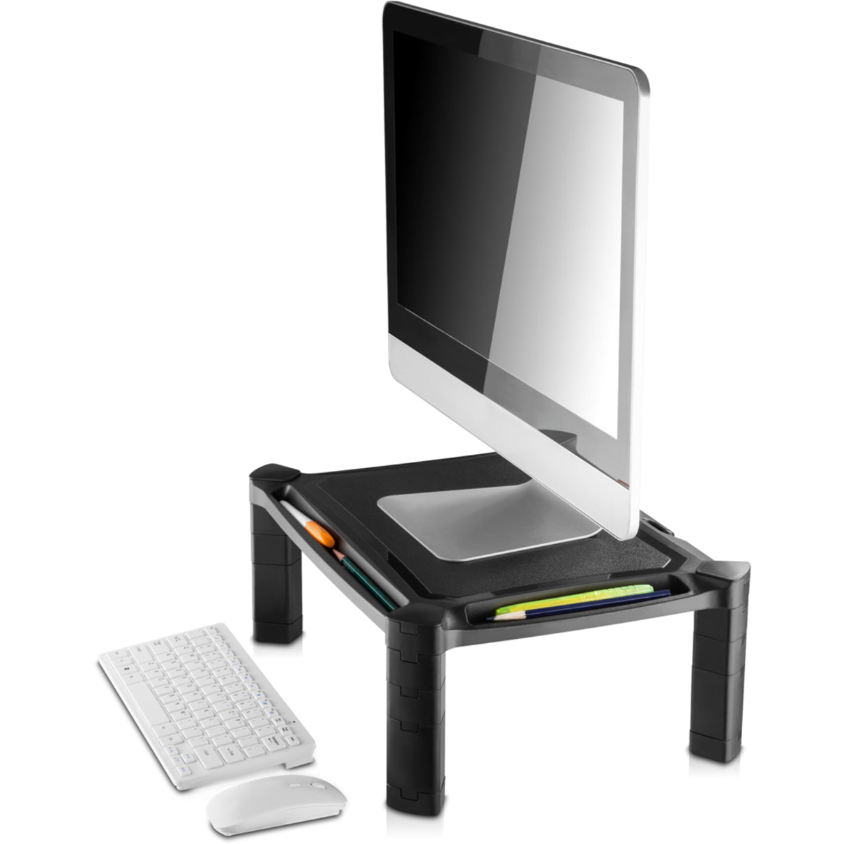 Monitor stand with iMac and wireless keyboard showing storage features-alternate-image4