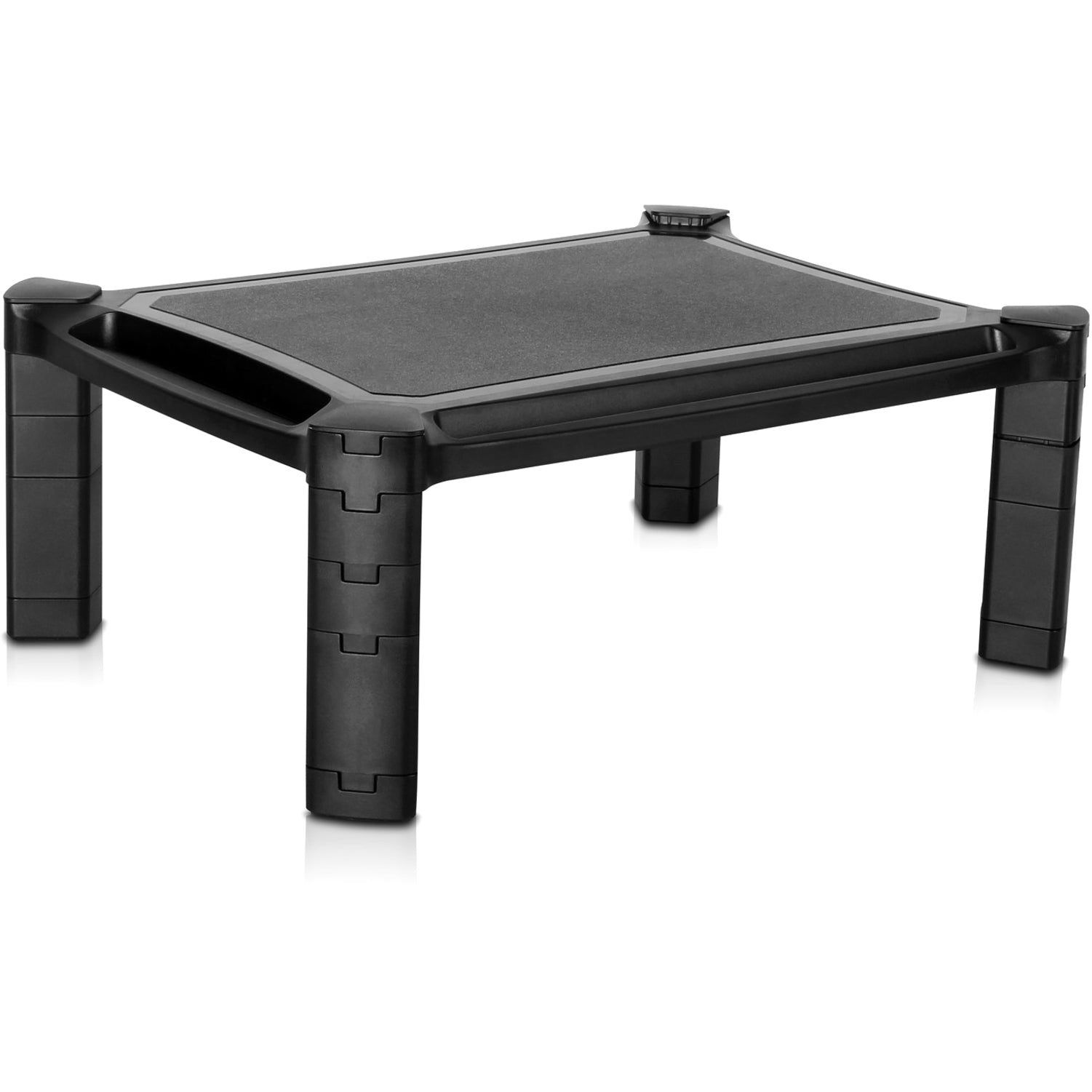 Black height adjustable monitor stand with integrated storage compartments shown from above-alternate-image1