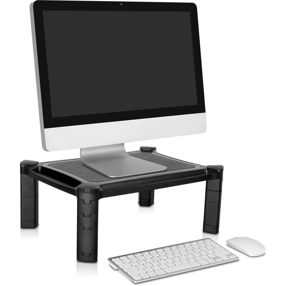 Desktop monitor elevated on black stand with wireless keyboard and mouse-alternate-image5