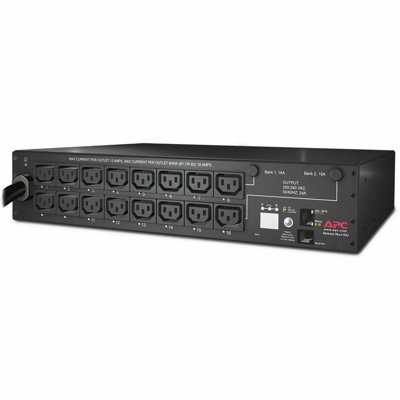 APC AP7911B Rack PDU showing 16 IEC C13 outlets arranged in two banks with digital display and monitoring interface