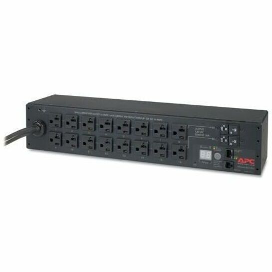 Front view of APC AP7802B Metered Rack PDU showing 16 NEMA outlets and digital display panel-alternate-image1