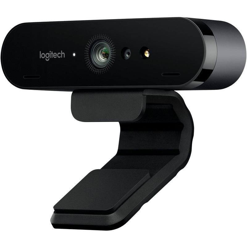 Side view of Logitech BRIO webcam showing adjustable mounting clip and sleek profile