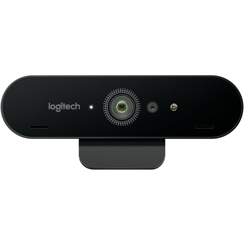 Close-up front view of Logitech BRIO webcam highlighting the 4K lens system and sensors