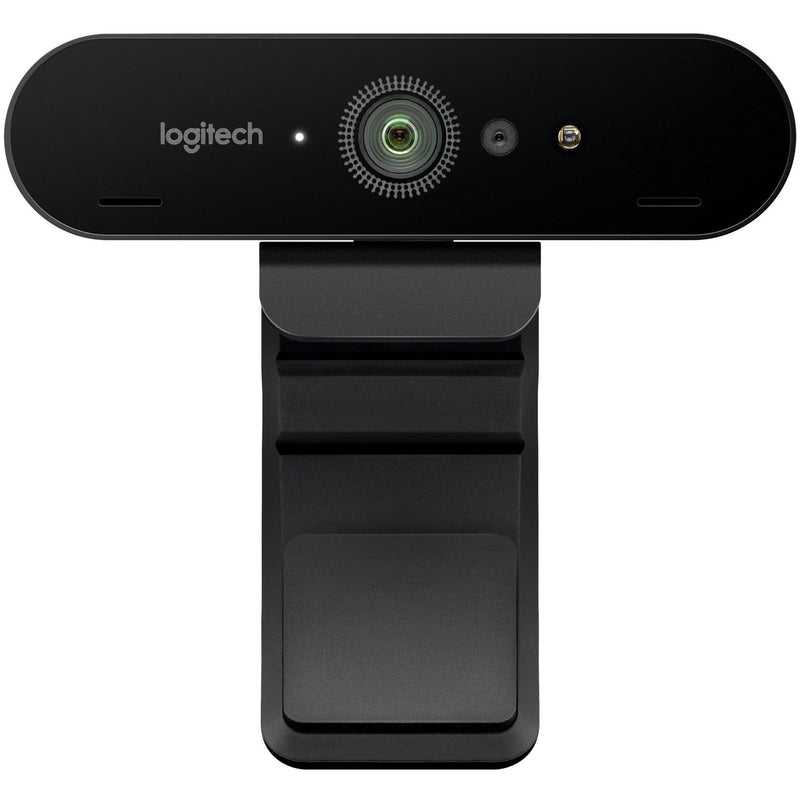 Front view of Logitech BRIO 4K webcam showing sleek black design with central lens and dual microphones