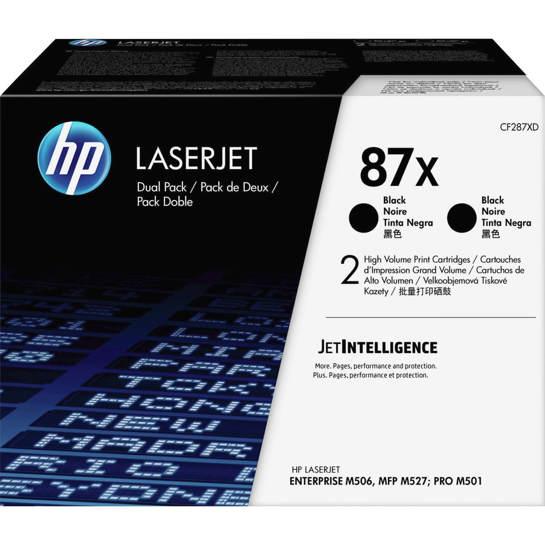 HP LaserJet 87X dual pack toner cartridge box showing product details and JetIntelligence branding-alternate-image1