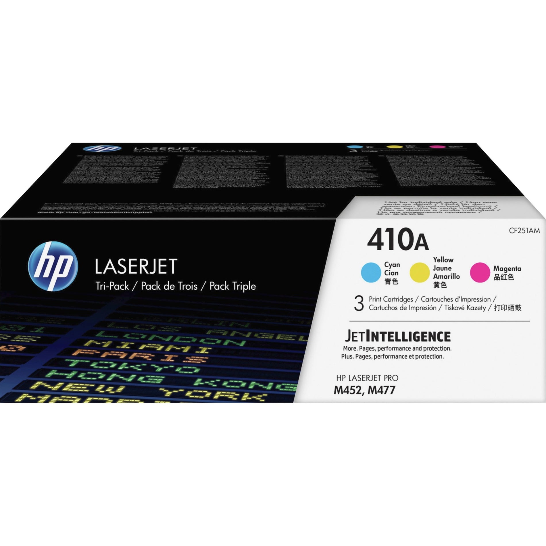 HP CF251AM 410A Color LaserJet toner cartridge tri-pack package showing product information and JetIntelligence branding-alternate-image1