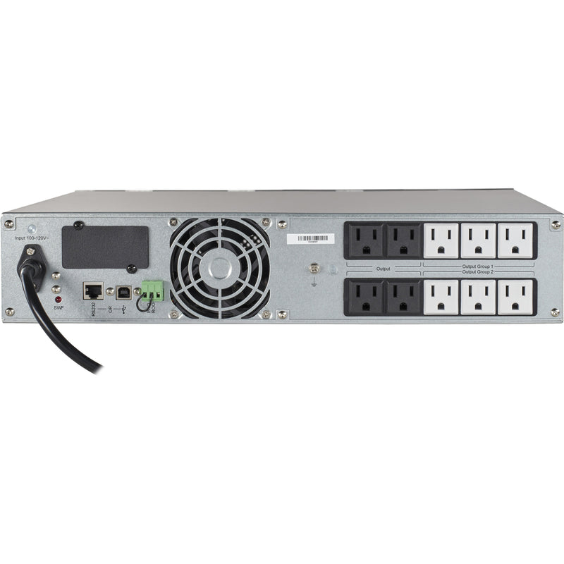 Rear view of Eaton 5P750RC UPS showing power outlets, cooling fan, and communication ports