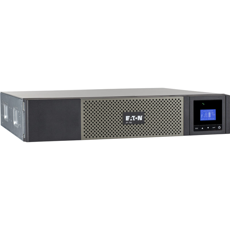 Front view of Eaton 5P750RC UPS showing LCD display interface and ventilated front panel