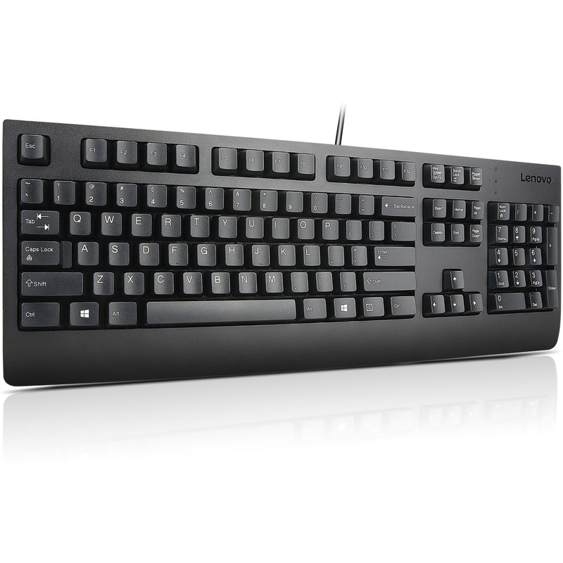 Angled view of Lenovo USB keyboard showing ergonomic wrist rest and adjustable tilt legs