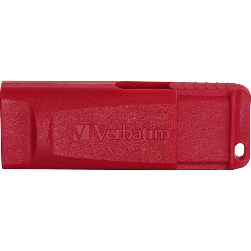 Complete profile view of red Verbatim USB drive