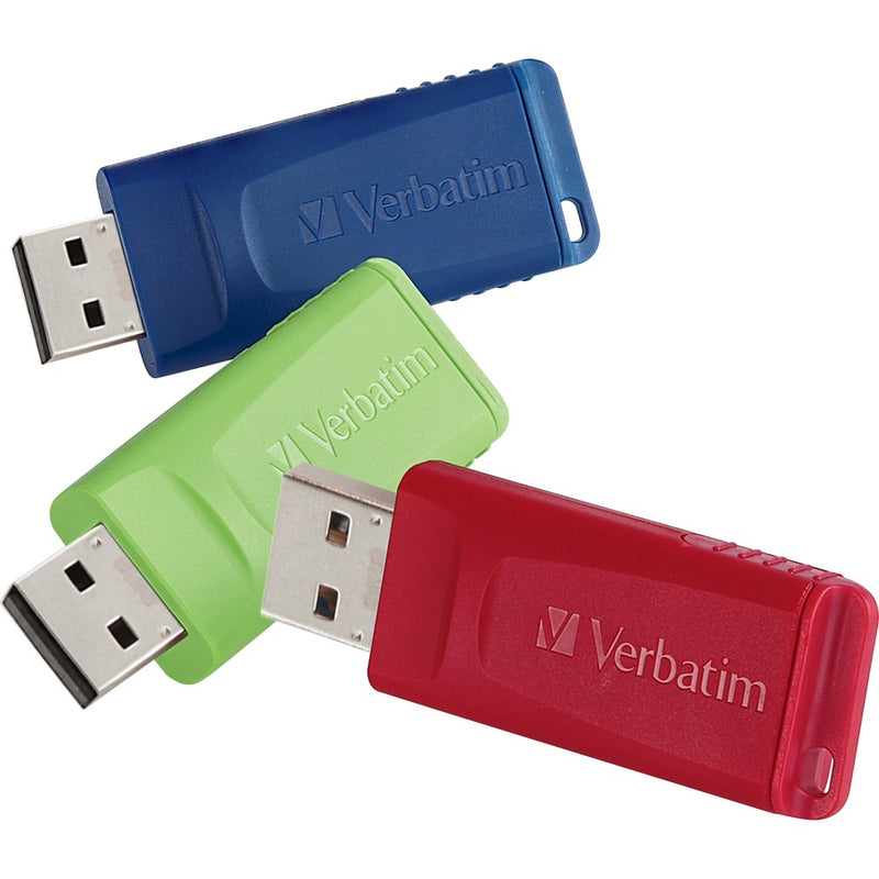 Three Verbatim Store 'n' Go USB flash drives in blue, green, and red displayed together