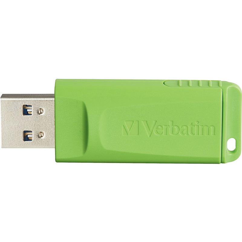 Close-up of green Verbatim USB drive showing connector detail