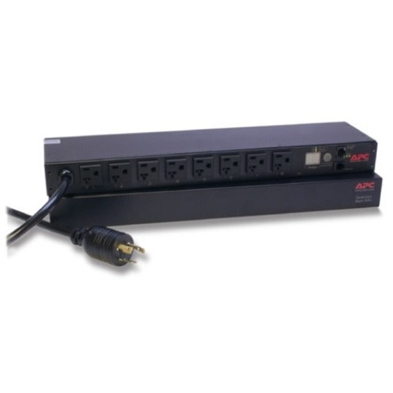 Angled view of APC AP7901B PDU showing all 8 outlets and power input connector