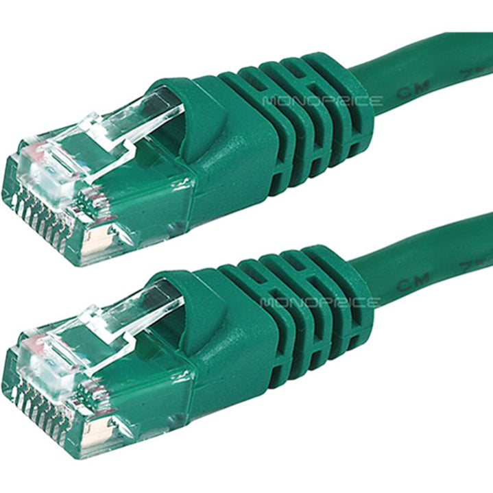 Close-up of green Cat6 cable RJ-45 connectors showing gold-plated contacts and snagless boot design