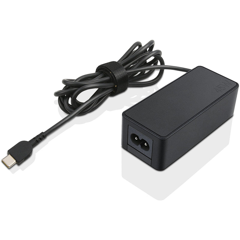 Lenovo 45W USB-C AC adapter showing black power brick and attached USB-C cable with cable management strap