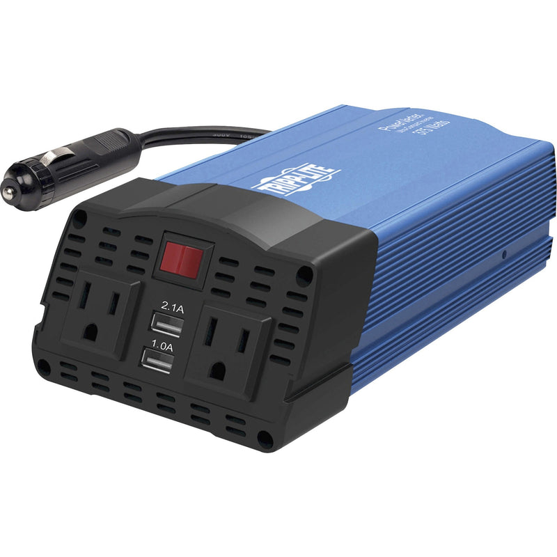 Front view of Tripp Lite PV375USB power inverter showing dual AC outlets and USB ports