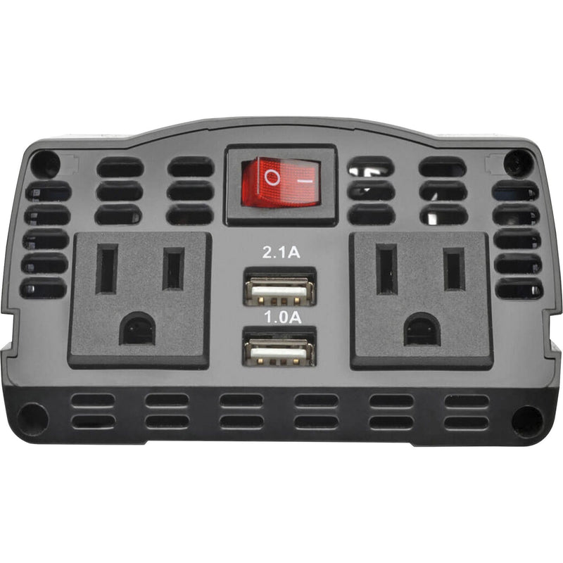 Close-up of PV375USB control panel showing AC outlets, USB ports and power switch