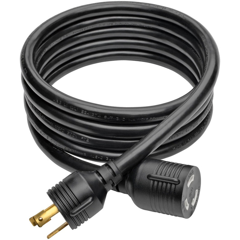 Full length view of 10ft power extension cord with locking connectors coiled