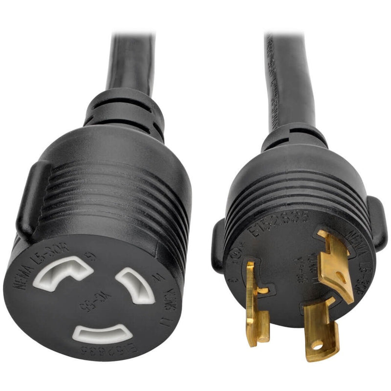 Close-up view of NEMA L5-30P male and L5-30R female locking connectors with gold-plated contacts