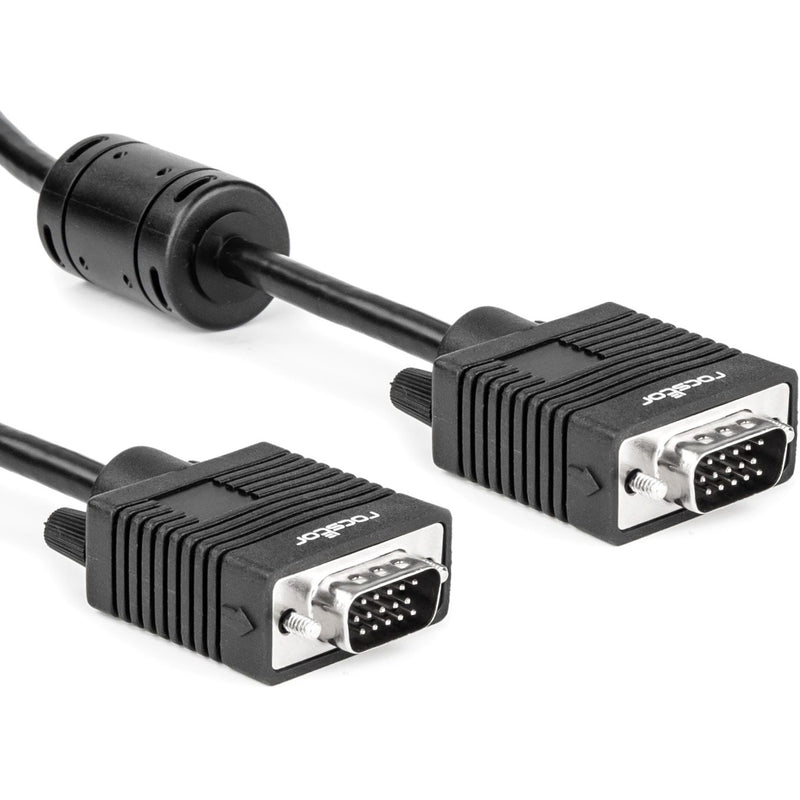 Detailed view of VGA cable connectors and ferrite core for EMI protection