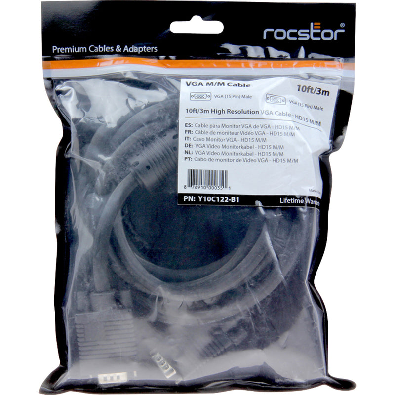 Rocstor VGA cable retail packaging showing multilingual product information and specifications