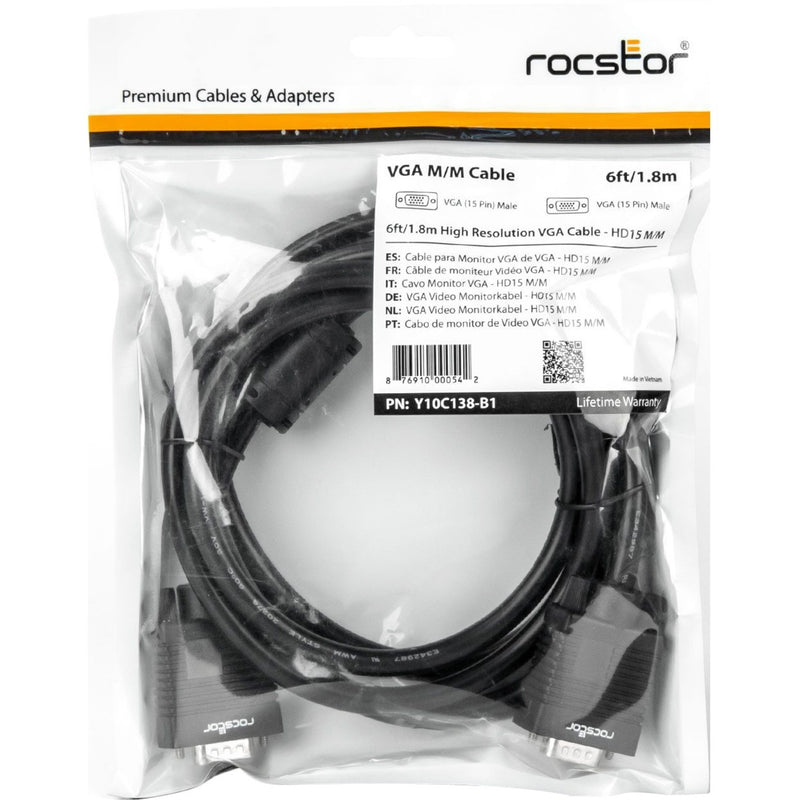 Rocstor VGA cable packaging showing lifetime warranty and product information