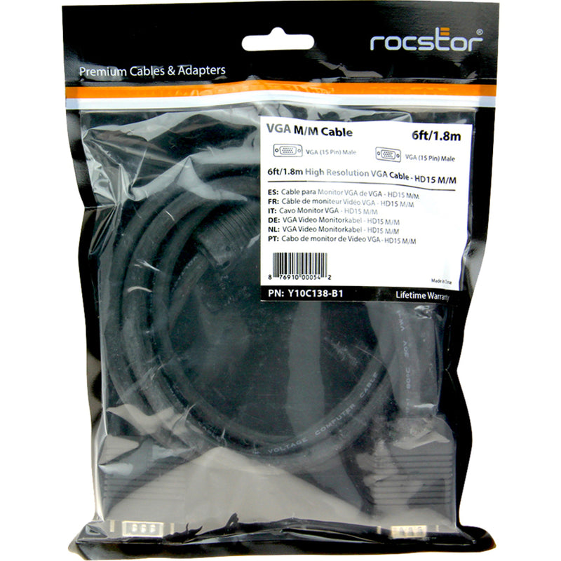 Rocstor VGA cable retail packaging with multilingual product information