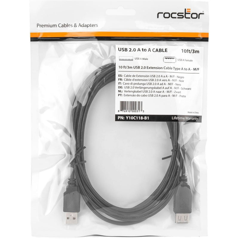 Front view of Rocstor USB extension cable in clear protective packaging with white background and detailed product information