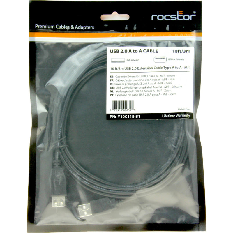 Rocstor USB extension cable in retail packaging showing multilingual product information and specifications