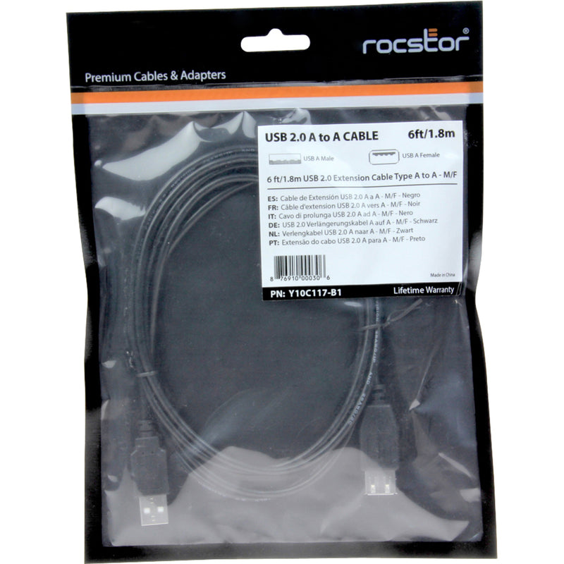 Retail packaging of Rocstor USB 2.0 extension cable showing product specifications and multilingual information