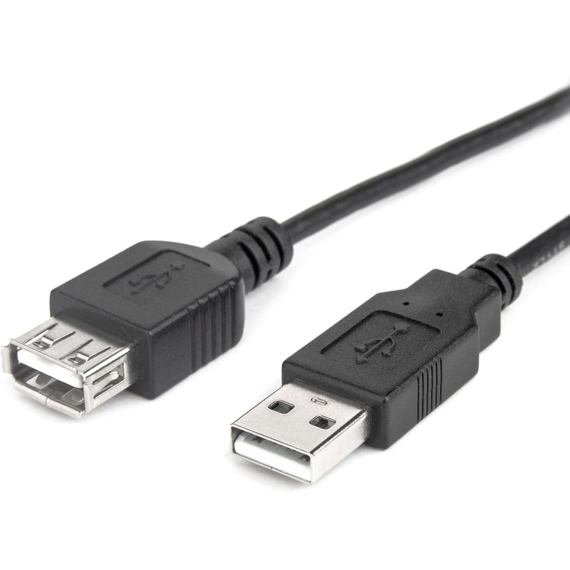 Close-up view of USB Type-A male and female connectors of black Rocstor extension cable