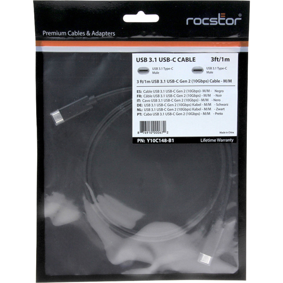 Rocstor Y10C148-B1 كبل نقل البيانات USB المميز، 3 قدم، USB 3.1 Gen2 10GB، قابل للعكس، أسود