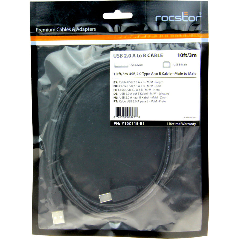 Rocstor USB 2.0 cable retail packaging showing product specifications and 10ft length