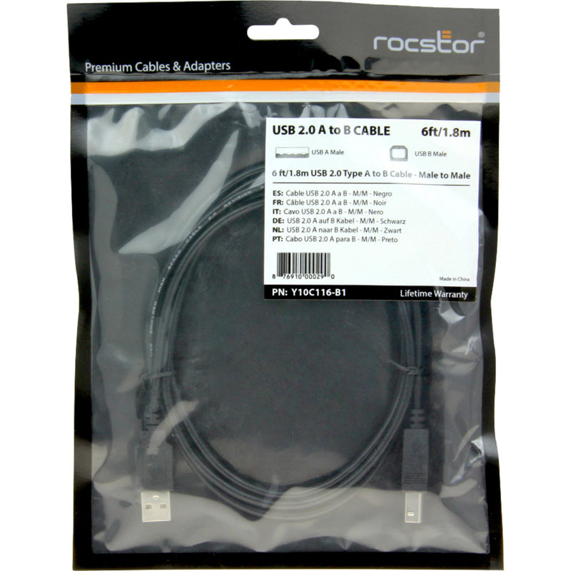 Rocstor USB 2.0 cable in retail packaging showing product specifications and warranty information