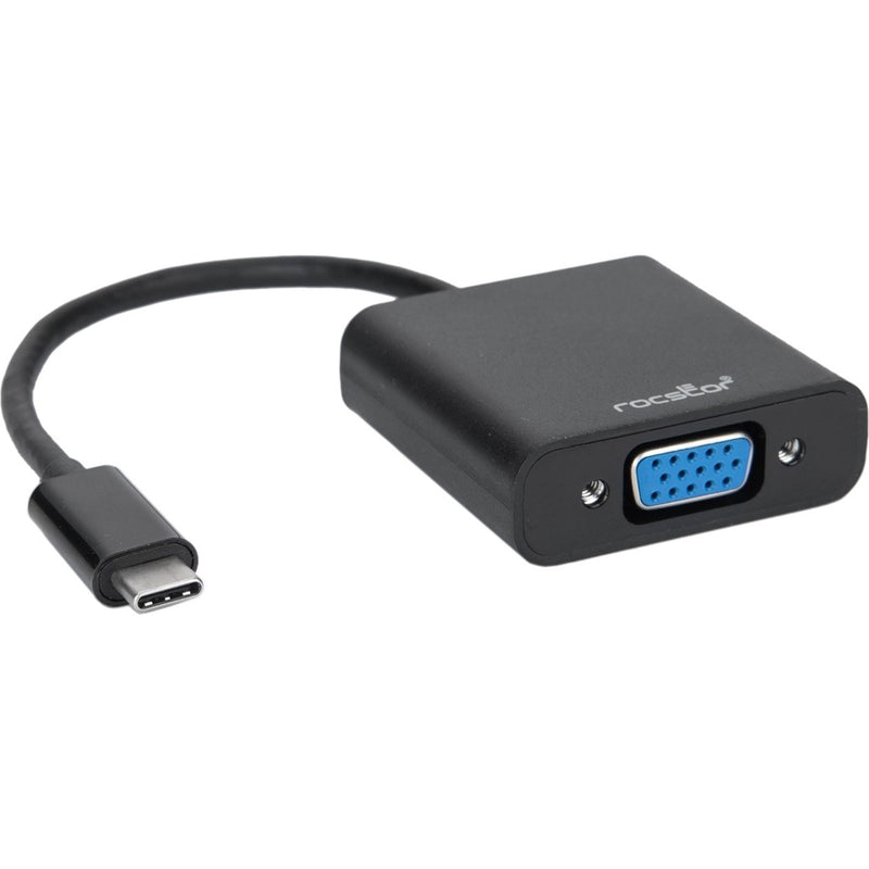 Rocstor USB-C to VGA adapter showing black housing with blue VGA port and USB-C connector